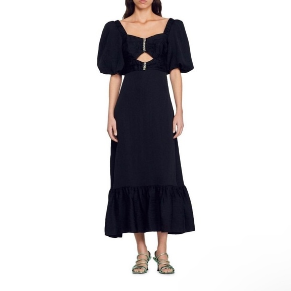 NWT SANDRO Falbala Rhinestone Embellished Cutout Midi Dress Black 0 - Picture 4 of 15